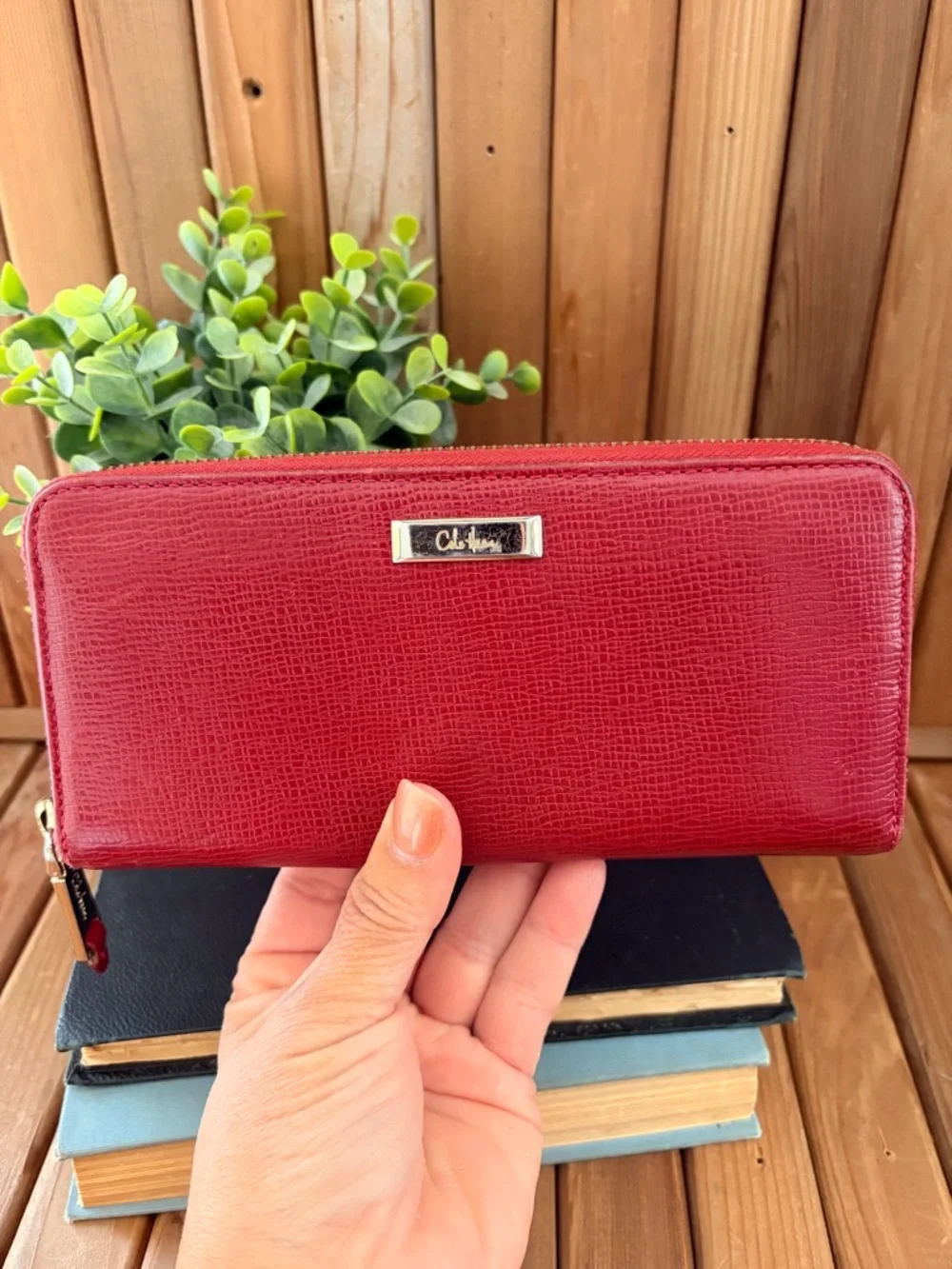 Cole Haan Red Leather Zip Around Wallet Organizer Gold Hardware